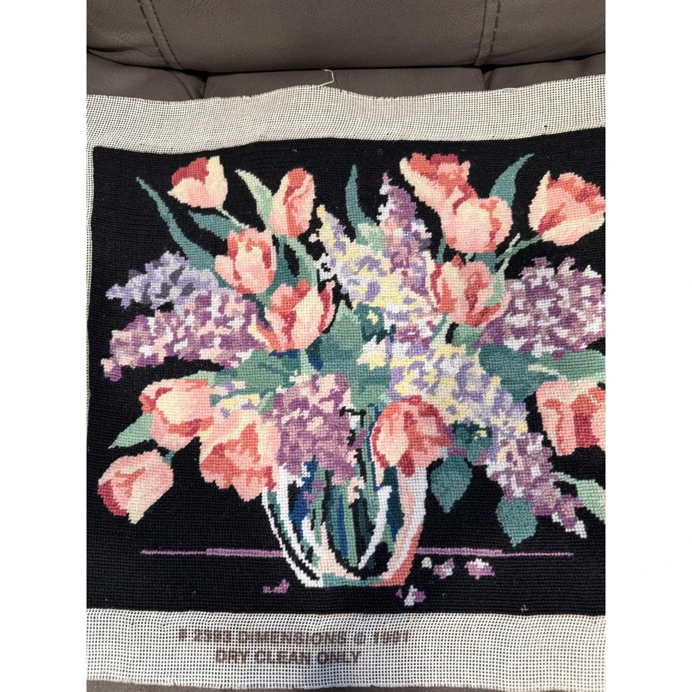 Vintage 1991 Dimensions Completed Needlepoint Floral Tulips Lilacs Black 21x17